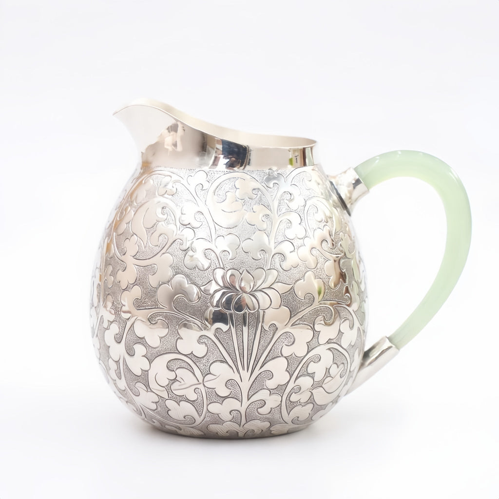 Pure 999 Fine Silver Elegant Ornate Silver Floral Engraved Pitcher Featuring a Delicate Pale Green Handle - Handicraft Vera Lux
