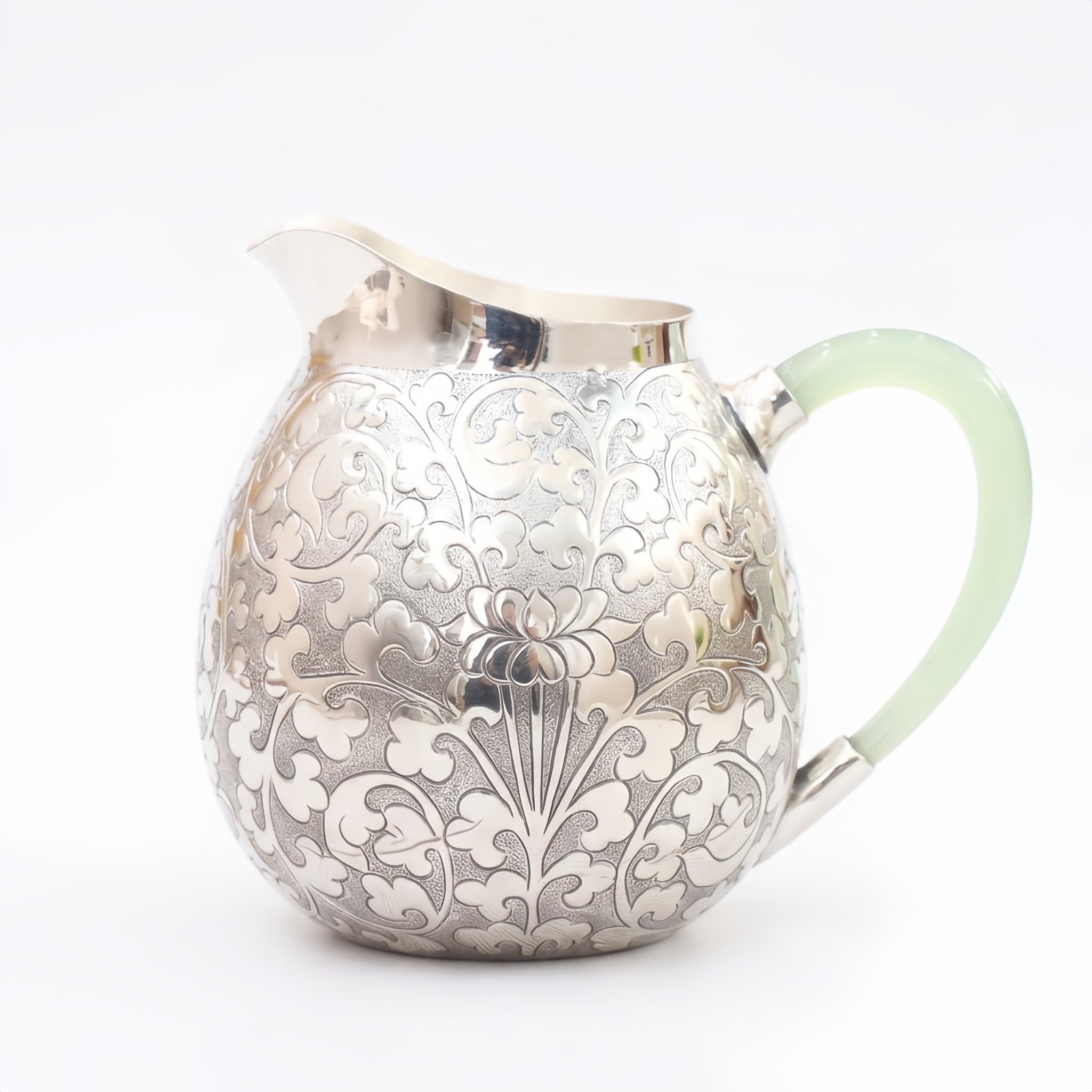 Pure 999 Fine Silver Elegant Ornate Silver Floral Engraved Pitcher Featuring a Delicate Pale Green Handle - Handicraft Vera Lux