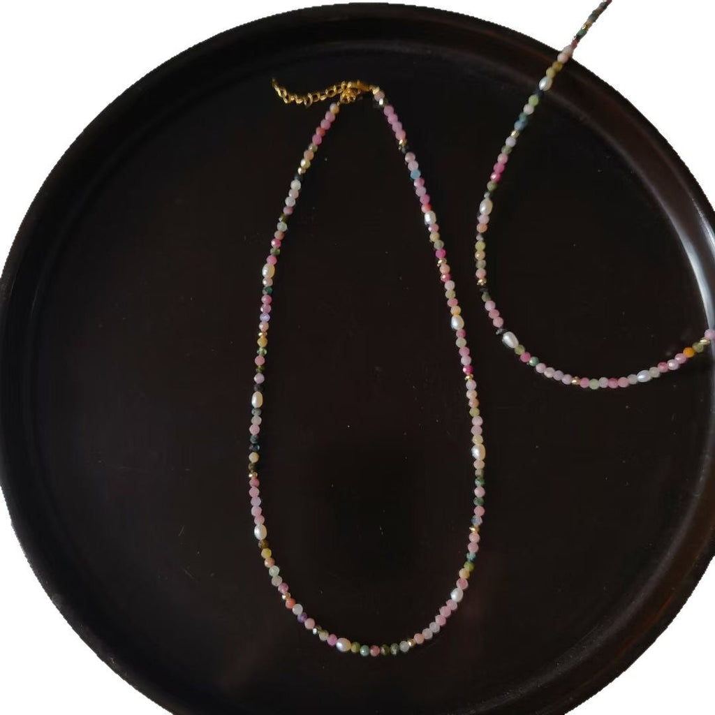 Natural Tourmaline And Freshwater Pearl Beaded Necklace Vera Lux