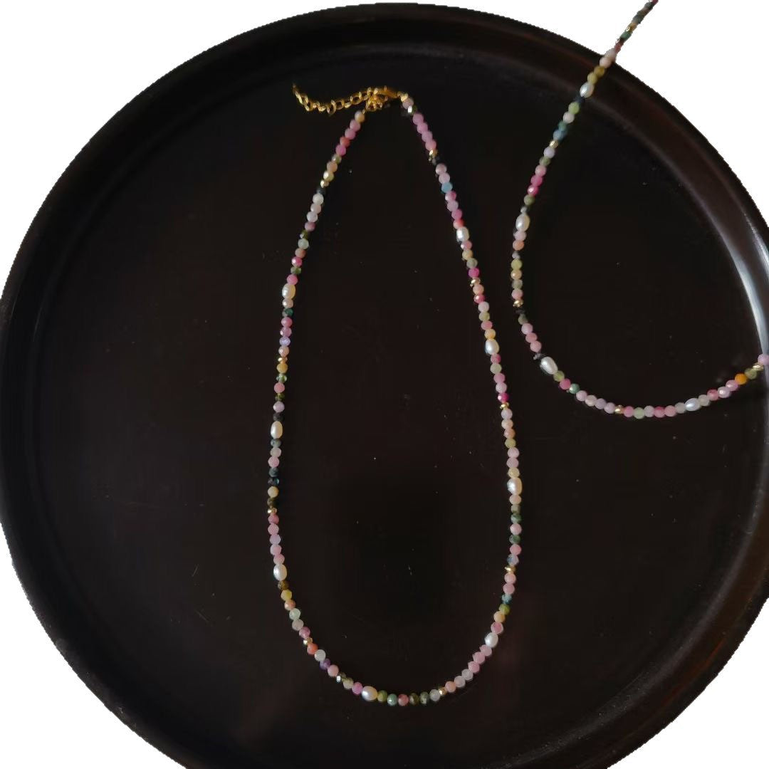 Natural Tourmaline And Freshwater Pearl Beaded Necklace Vera Lux
