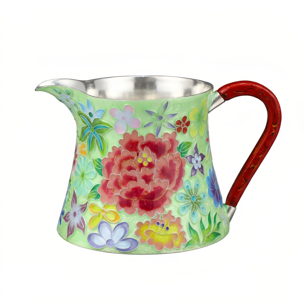 Pure 999 Fine Silver Elegant Hand-Painted Enamel Floral Pitcher with Red Sculpted Handle - Handicraft Vera Lux