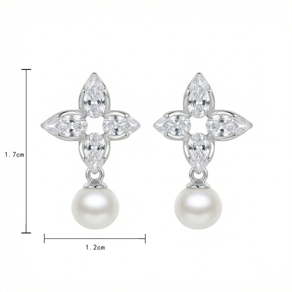 925 Sterling Silver Elegant Floral Marquise Cluster Pearl Drop Earrings Vera Lux