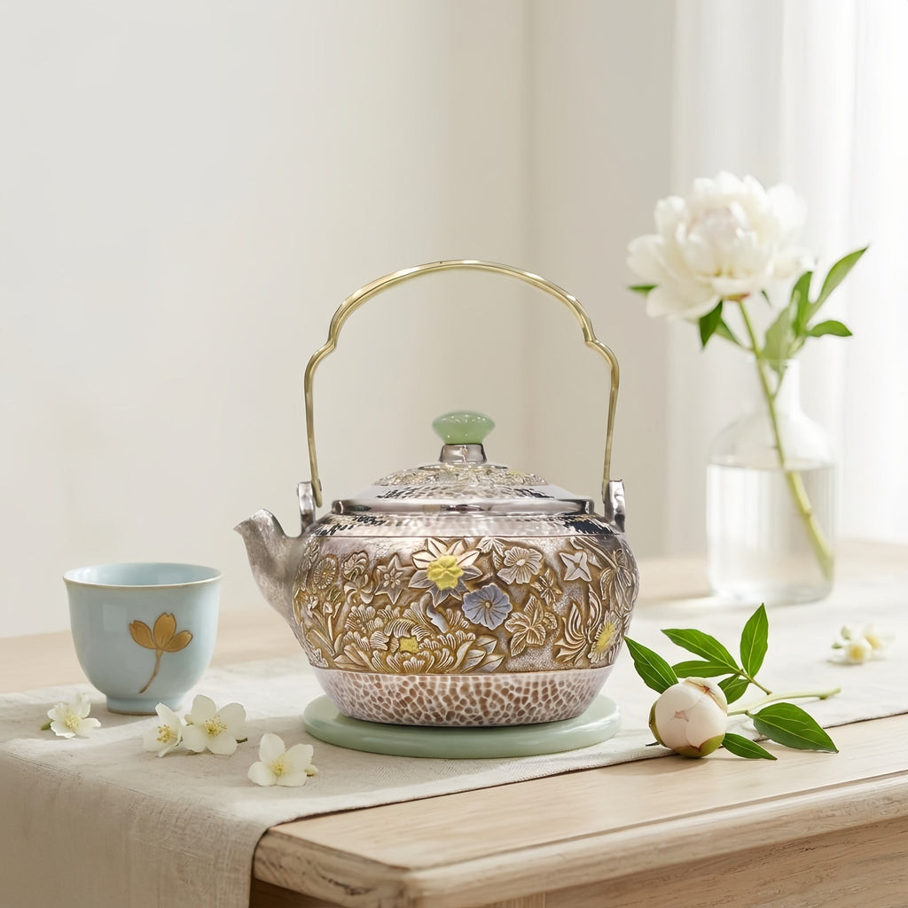 925 Sterling Silver Handcrafted Ornate Metal Teapot Featuring Jade Finial and Intricate Floral Carvings - Handicraft Vera Lux