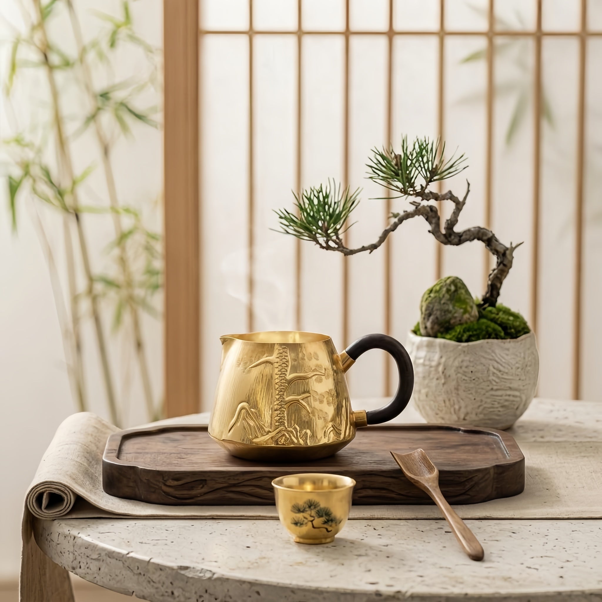 Pure 999 Fine Silver Elegant Handcrafted Gilded Pitcher Featuring Embossed Pine and Mountain Landscape with Dark Wood Handle - Handicraft Vera Lux