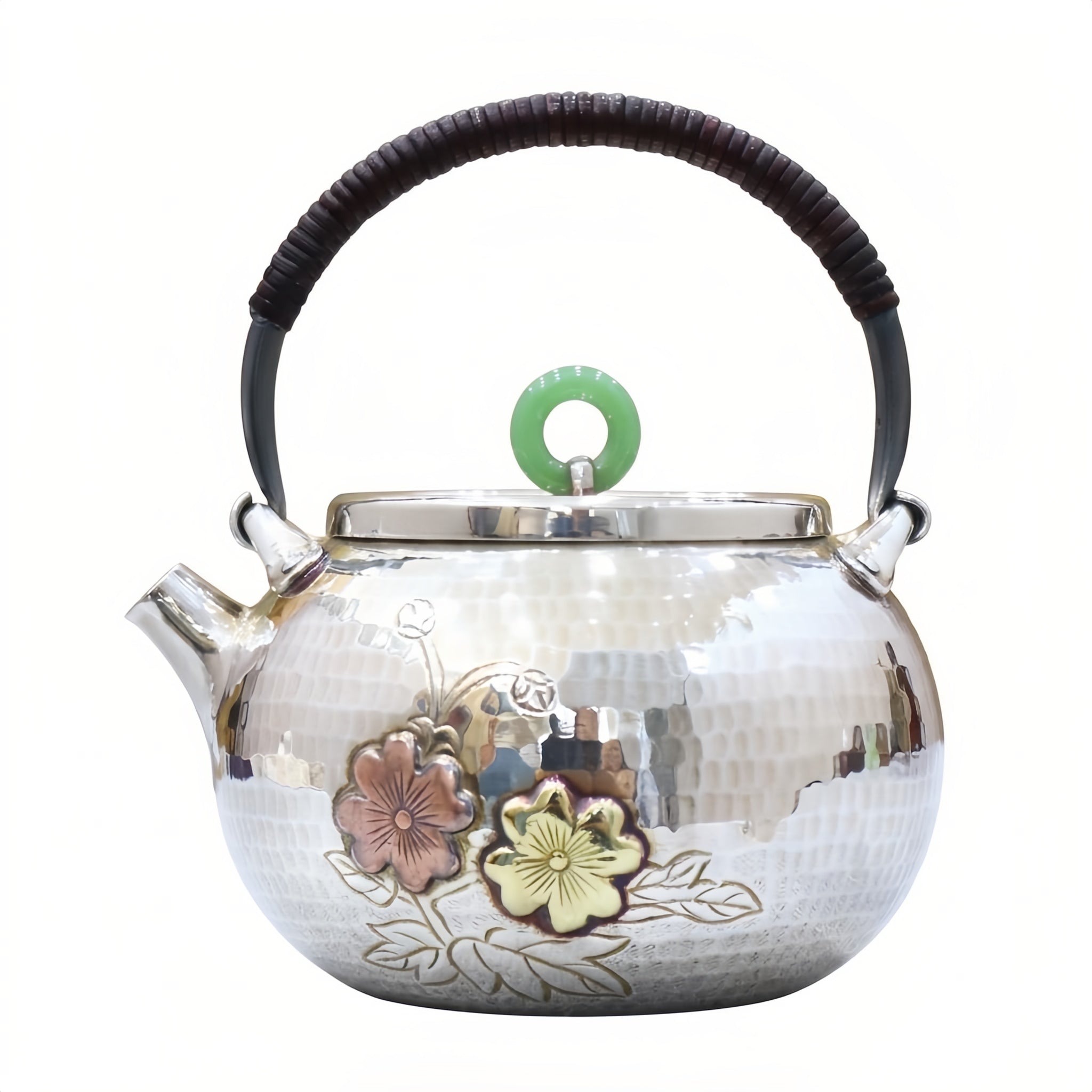 Pure 999 Fine Silver Elegant Hand-Hammered Silver Teapot with Floral Relief and Green Jade Finial - Handicraft Vera Lux