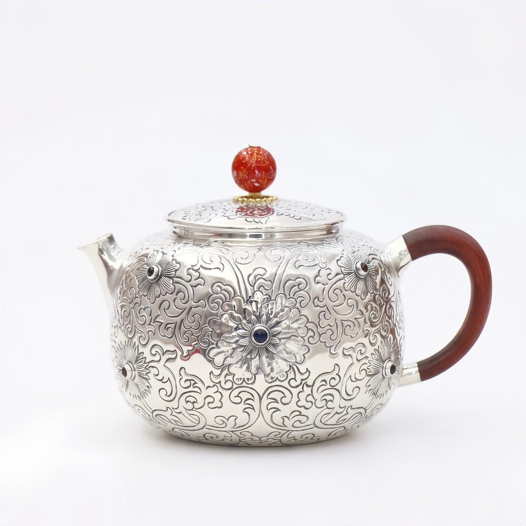 925 Sterling Silver Ornate Hand-Engraved Silver Teapot with Gemstone Accents and Wooden Handle - Handicraft Vera Lux