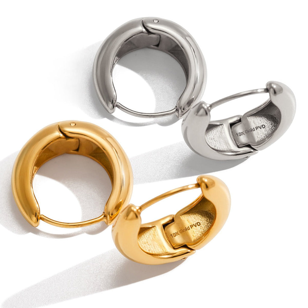 18K gold lightweight luxury earrings with engraved lettering on the inner surface. Vera Lux