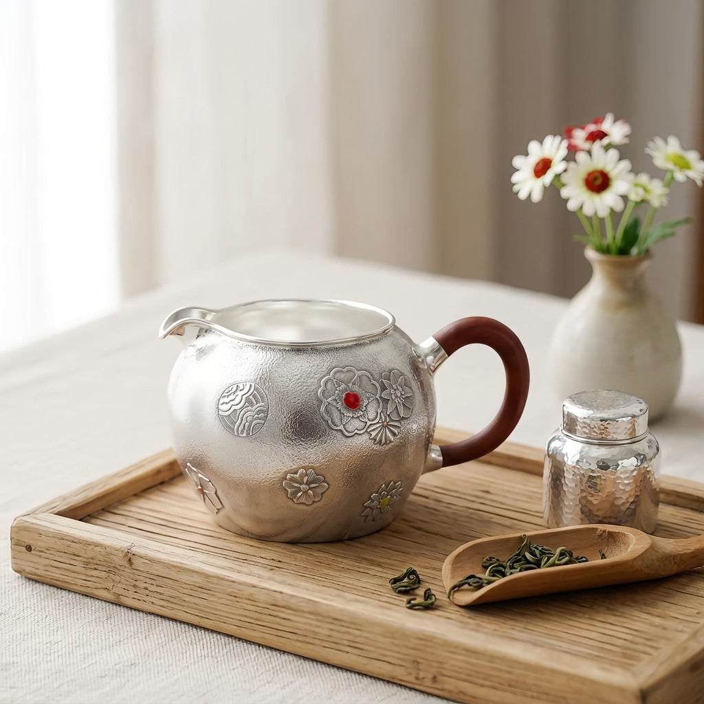 Pure 999 Fine Silver Handcrafted Silver Tea Fair Cup with Floral Relief and Wooden Handle - Handicraft Vera Lux