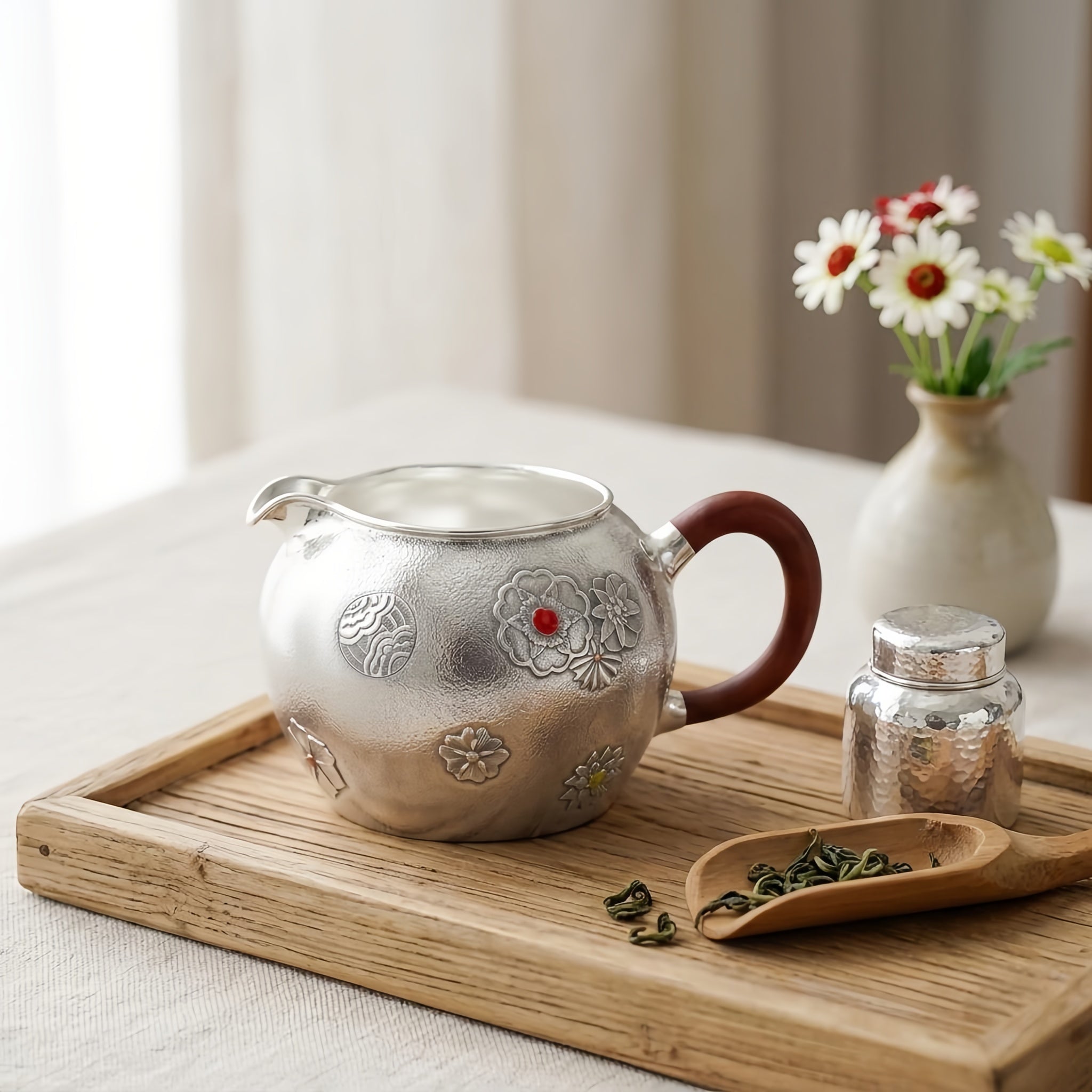 Pure 999 Fine Silver Handcrafted Silver Tea Fair Cup with Floral Relief and Wooden Handle - Handicraft Vera Lux