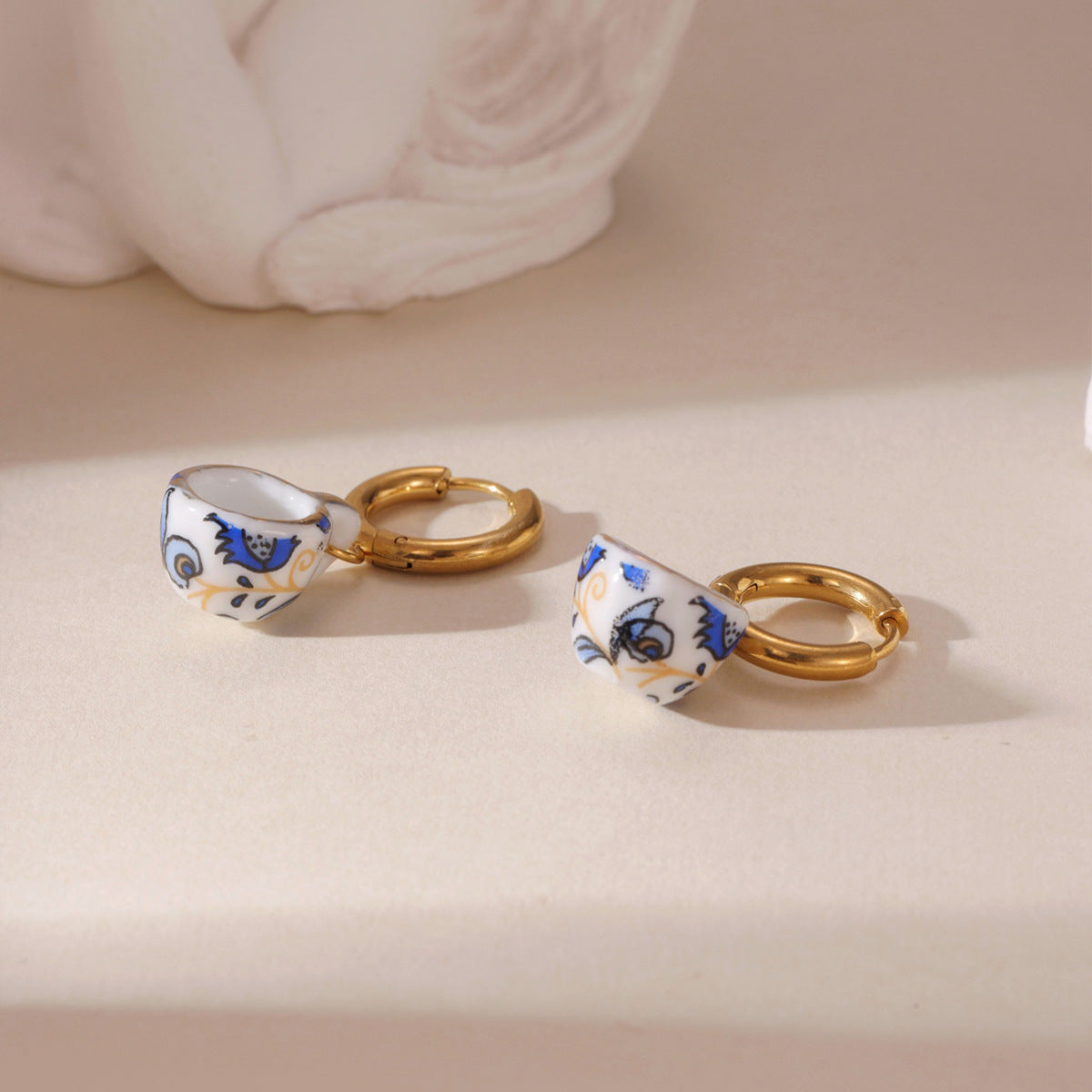 New Chinese Blue And White Porcelain Earrings, 18K Gold Plated Stainless Steel Ceramic Dainty Drop Earrings For Women Vera Lux
