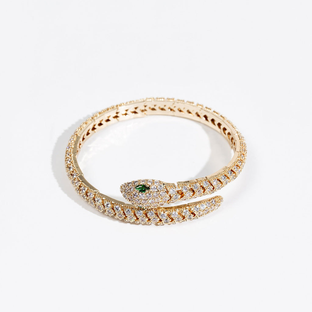 Women's 18K Gold Snakebone Open Bangle with Full Diamond Setting Vera Lux