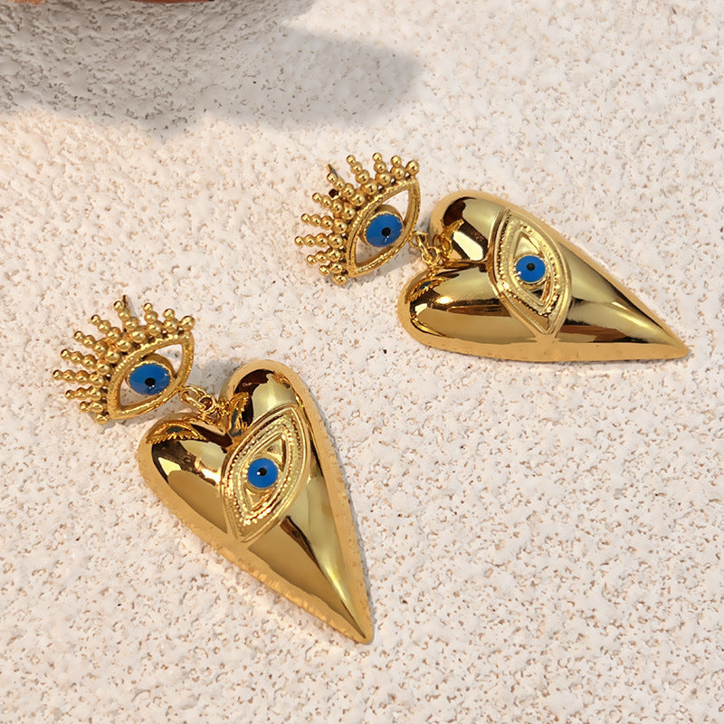 18k Gold-Plated Stainless Steel Dripping Oil Evil Eye Heart Earrings Vera Lux