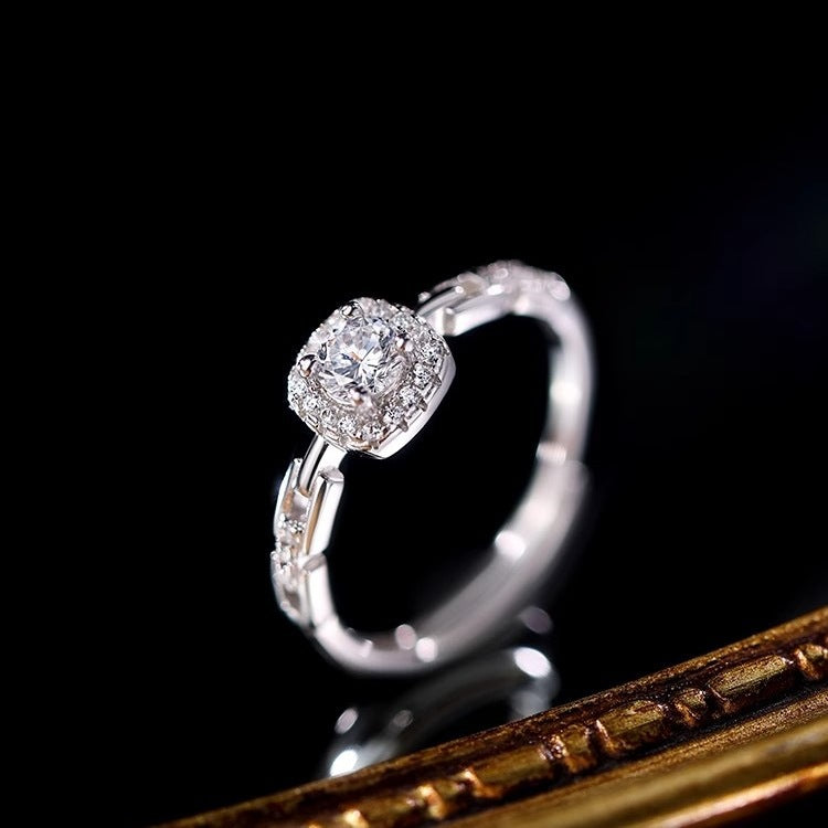 S999 Pure Silver Full Zircon Square Sugar Ring For Women, Niche INS Style, Light Luxury Premium Square Zircon Chain Index Finger Ring Vera Lux