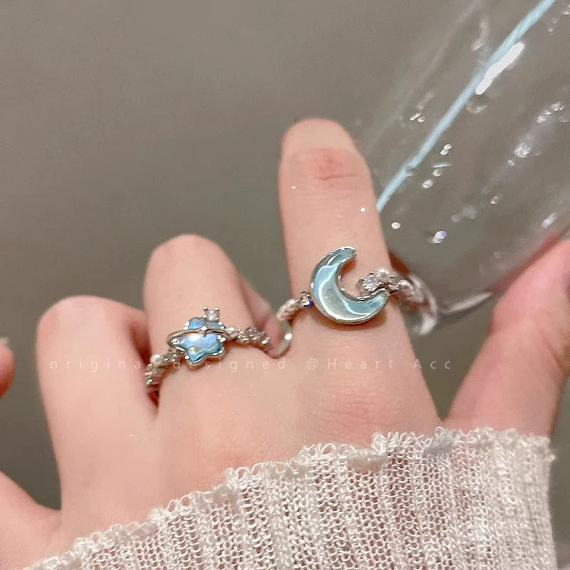 Glacier Blue Star Moon Open Ring For Women, Light Luxury Minimalist High Grade Index Finger Ring Vera Lux