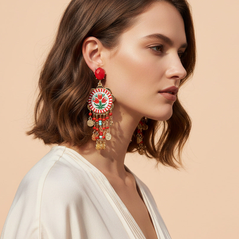 Womens Tulip-Print Tassel Casual Earrings Vera Lux