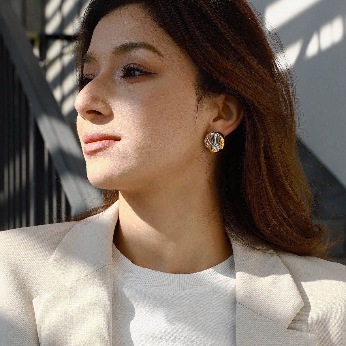 18k gold geometric shape with gold and silver color matching design fashionable and personalized earrings Vera Lux