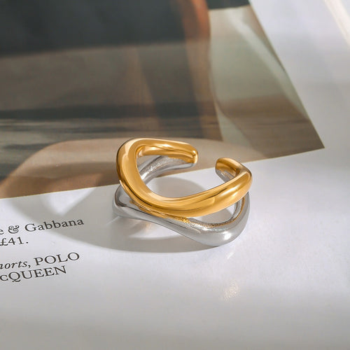 18K gold geometric lines with gold and silver color matching design simple and elegant ring Vera Lux