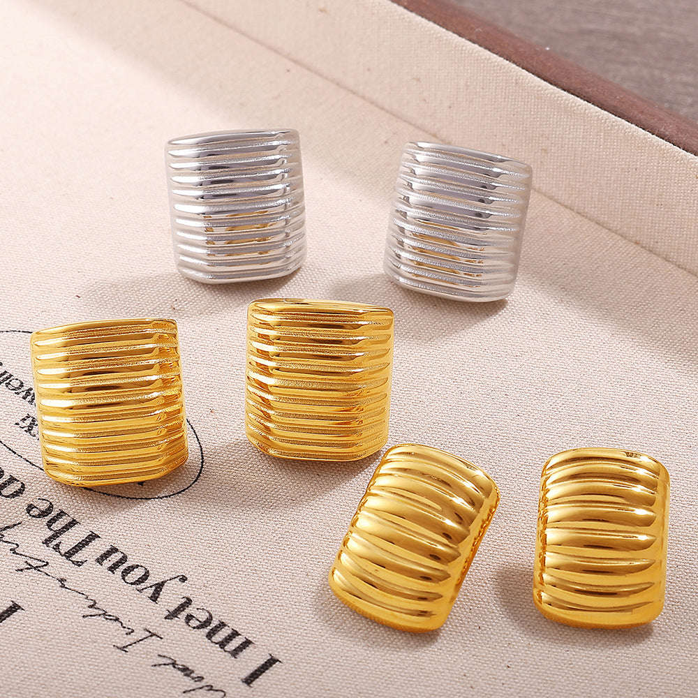 Korean Style Minimalist Striped Square Stud Earrings, 18K Gold Plated Stainless Steel, Elegant Daily Jewelry For Women Vera Lux