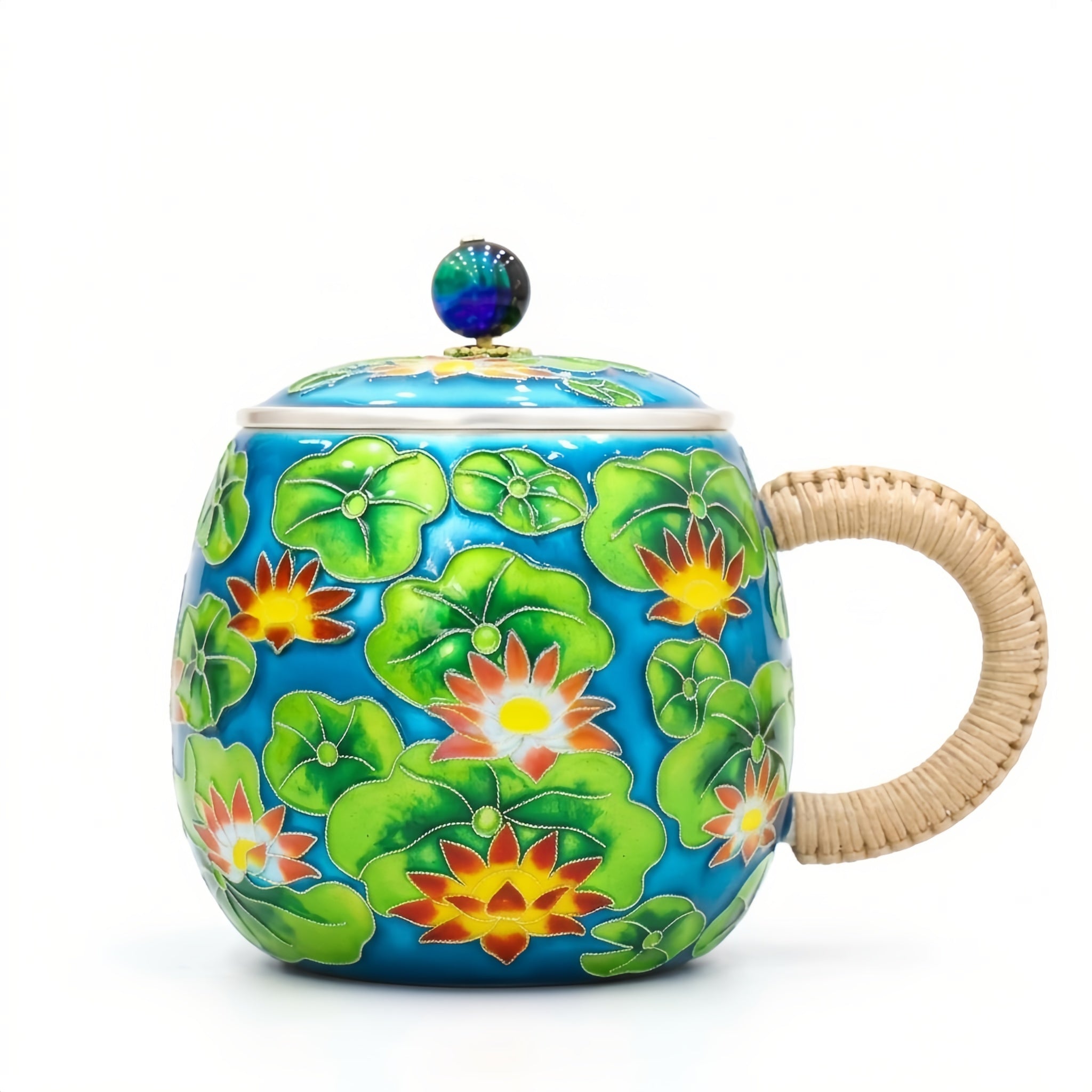 Pure 999 Fine Silver Vibrant Blue Enamel Lotus Flower Mug with Rattan Handle and Jeweled Lid - Handicraft Vera Lux