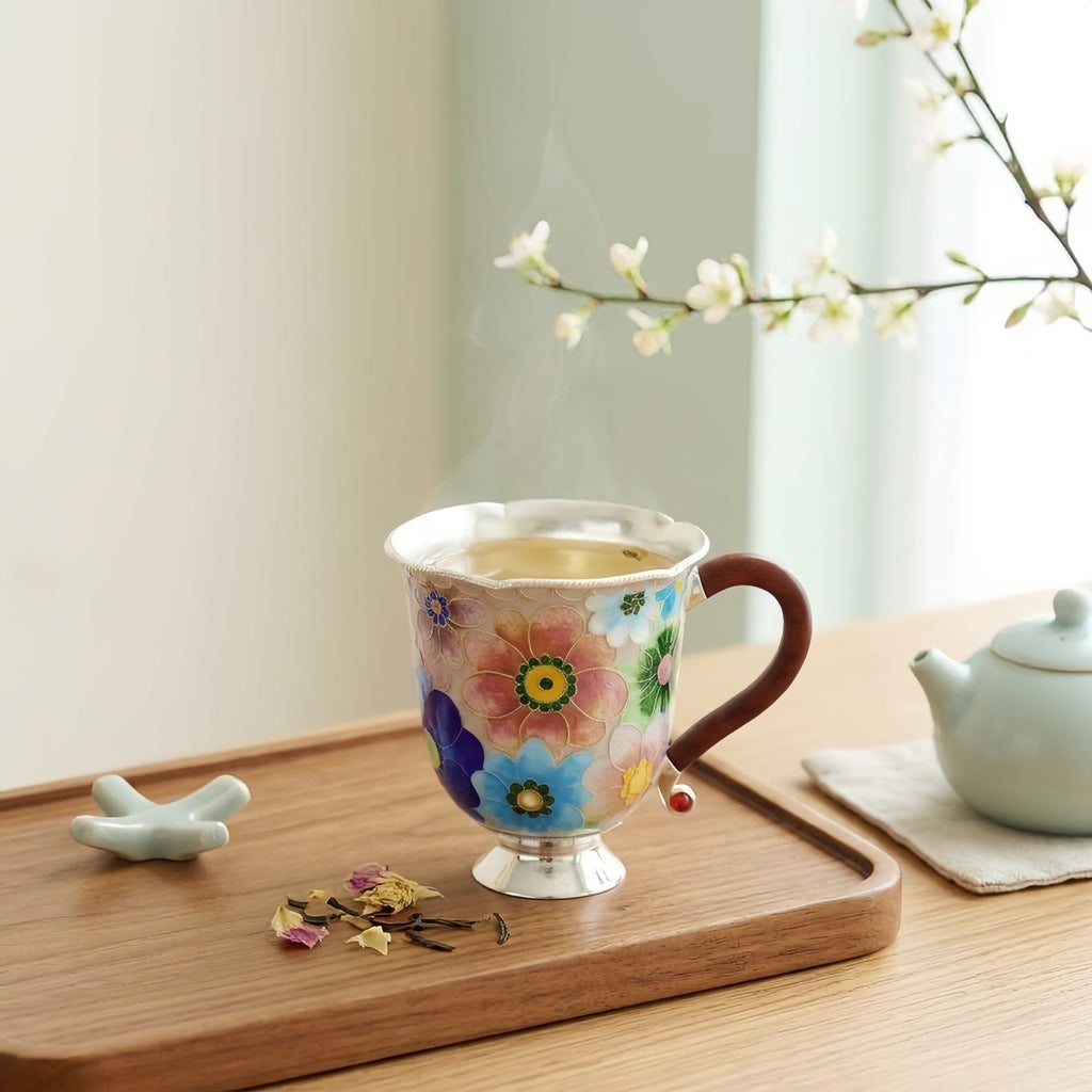 Pure 999 Fine Silver Enamel Floral Mug with Wooden Handle and Metallic Base-Premium Indigo Master Cup - Handicraft Vera Lux