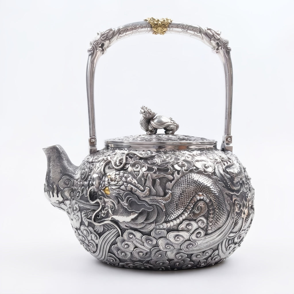 Pure 999 Fine Silver Elaborate Hand-Carved Silver Teapot with Majestic Dragon Motif and Ornate High Handle - Handicraft Vera Lux