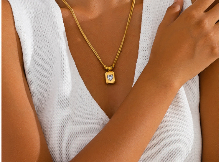Diamond-studded Heart-shaped Snake Bone Chain Stainless Steel Necklace For Women - Luxurious And High-end, Double-layered And Stackable, Perfect For All Occasions. Vera Lux