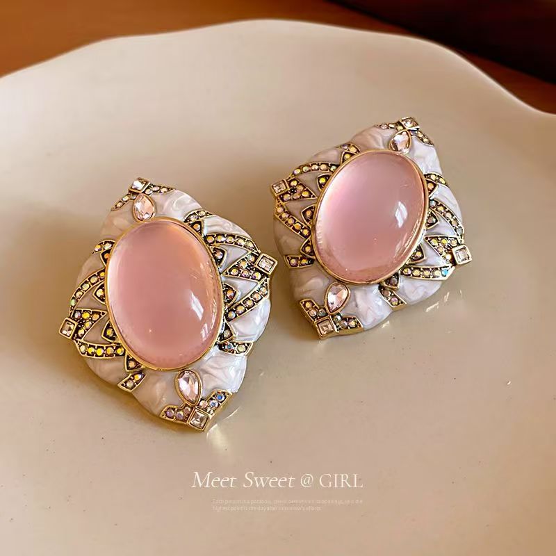 Niche Vintage Retro Earrings, Oval & Rhombus Diamond Studs, Luxury High-end Ear Jewelry Vera Lux