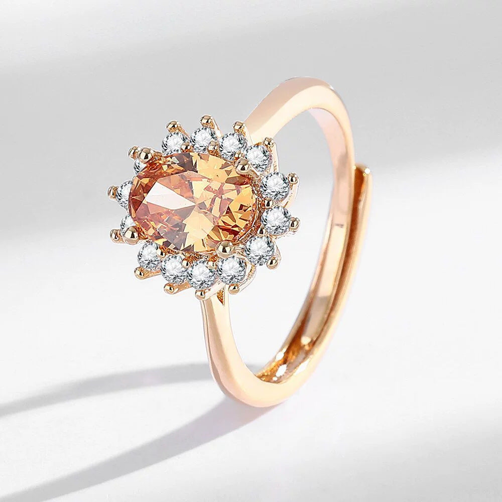 Light Luxury Sunflower Ring Champagne Gold With Colorful Gemstones High-Quality Hand Jewelry Vera Lux