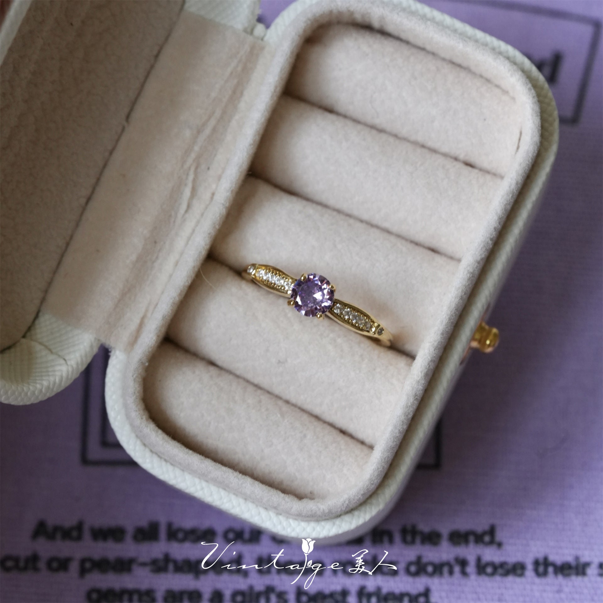 French Retro High-End Gentle Light Luxury Micro-Set Sparkling Purple Zircon Open Ring Vera Lux