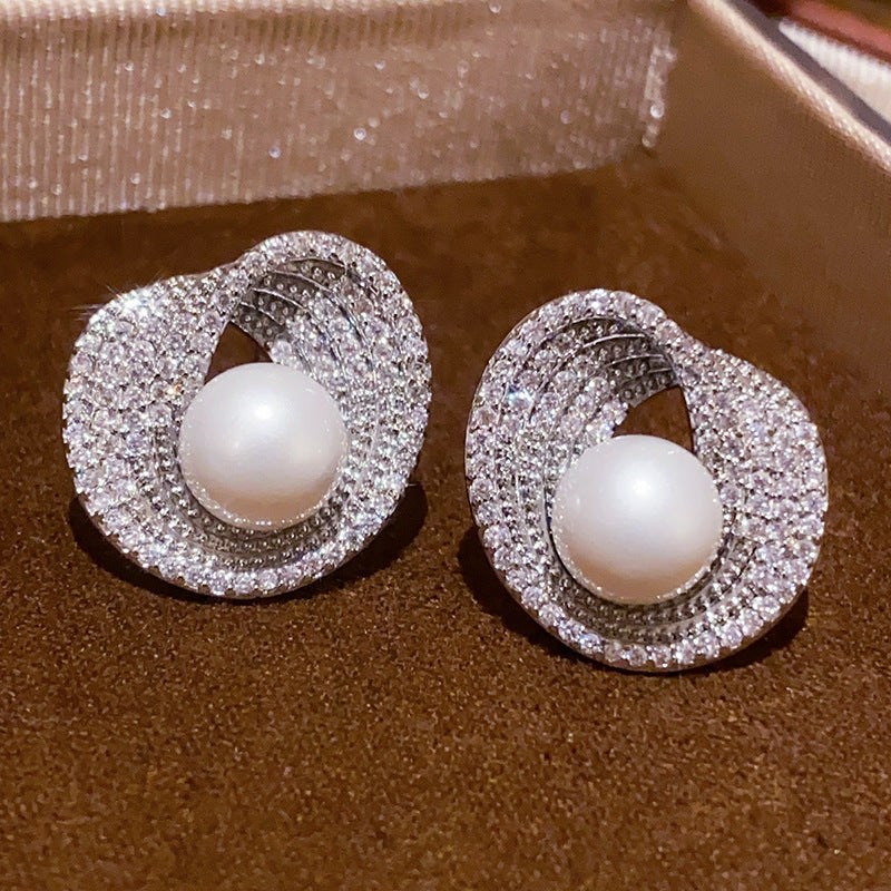 Silver Needle Zircon Irregular Round Pearl Fashionable All-Match Earrings Vera Lux