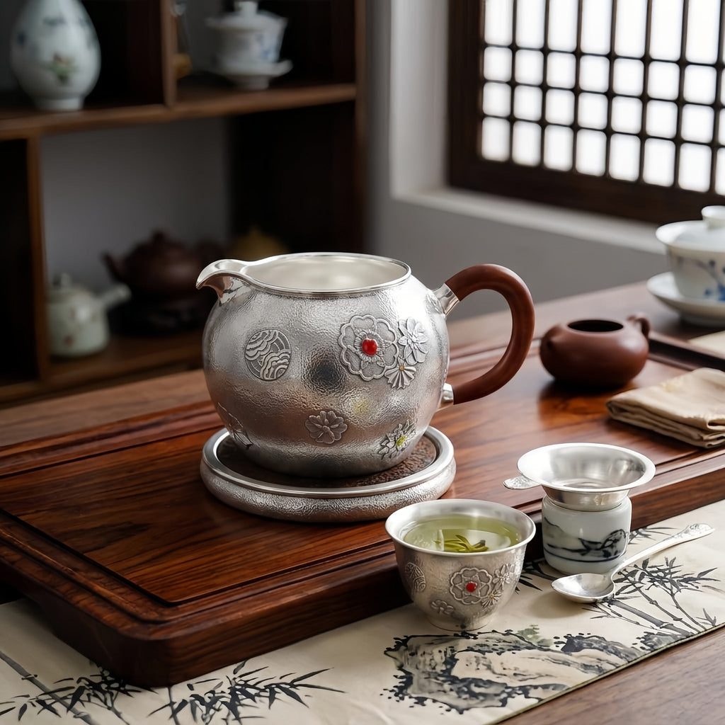 Pure 999 Fine Silver Handcrafted Silver Tea Fair Cup with Floral Relief and Wooden Handle - Handicraft Vera Lux
