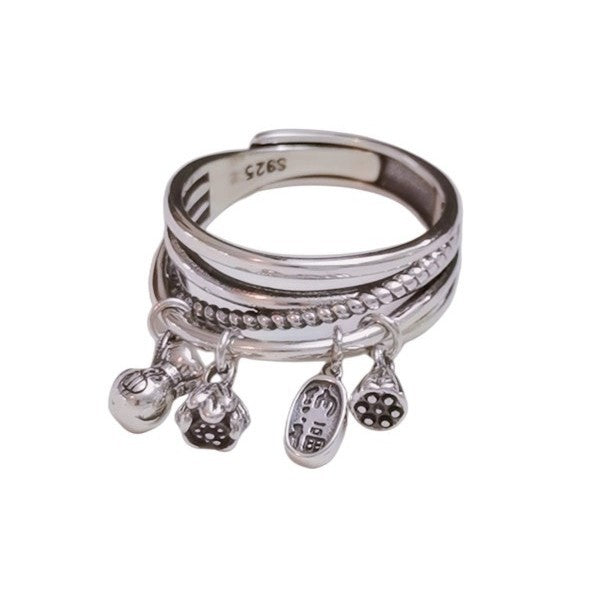 S925 Sterling Silver Ring, Money Bag Lotus Seedpod Fortune Pendant, 4 Charms, Adjustable Opening Index Finger Ring Vera Lux