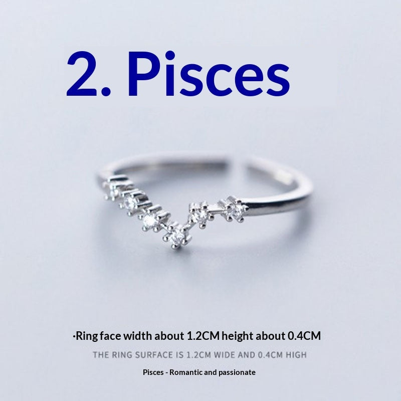 Zircon Silver-Plated Twelve Zodiac Signs Adjustable Open Ring Vera Lux