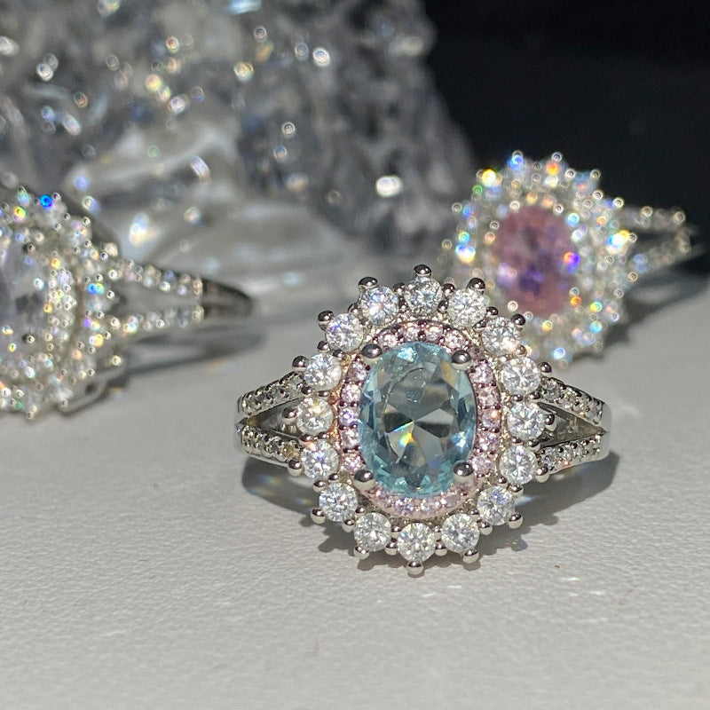 Women's Zircon Simulated Aquamarine Sunflower Ring, Luxury Full Pave Topaz Gemstone Jewelry Vera Lux