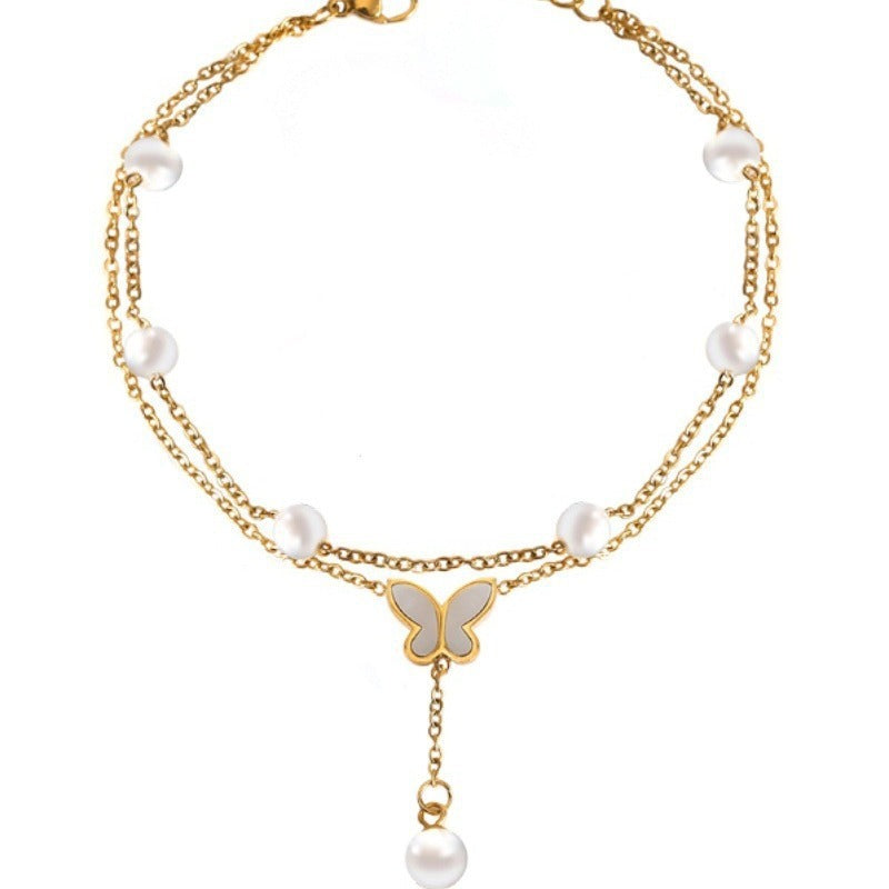 Double-layer pearl butterfly pendant shell anklet Vera Lux