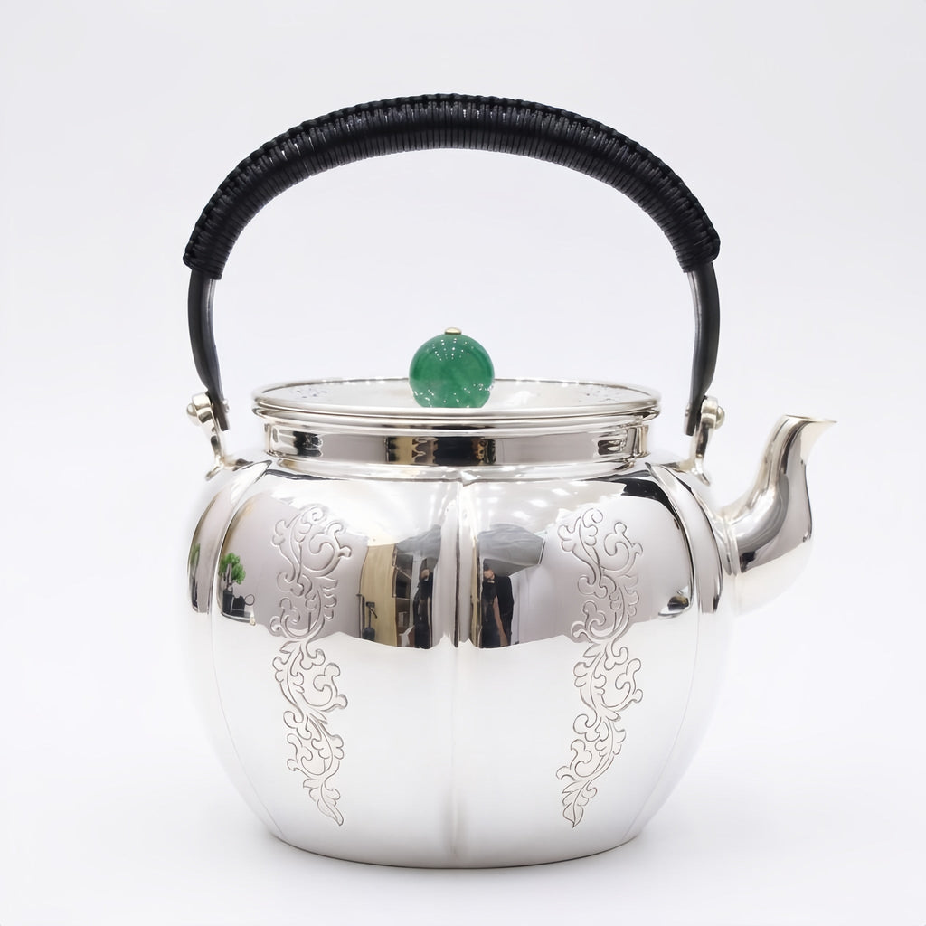 Pure 999 Fine Silver Elegant Silver Teapot with Green Jade Finial and Woven Black Handle - Handicraft Vera Lux