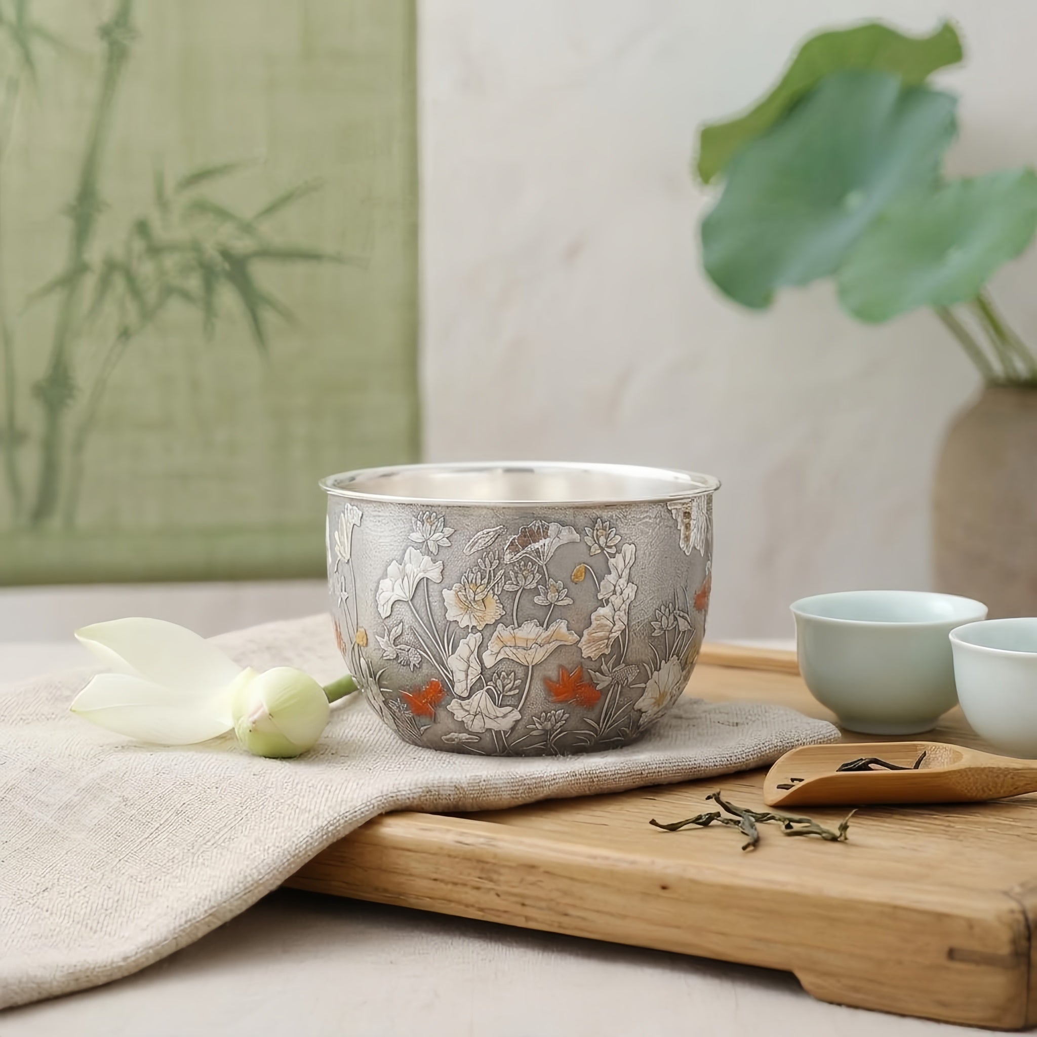 925 Sterling Silver Artisanal Silver Bowl Featuring Ornate Lotus Garden and Swimming Red Fish - Handicraft Vera Lux