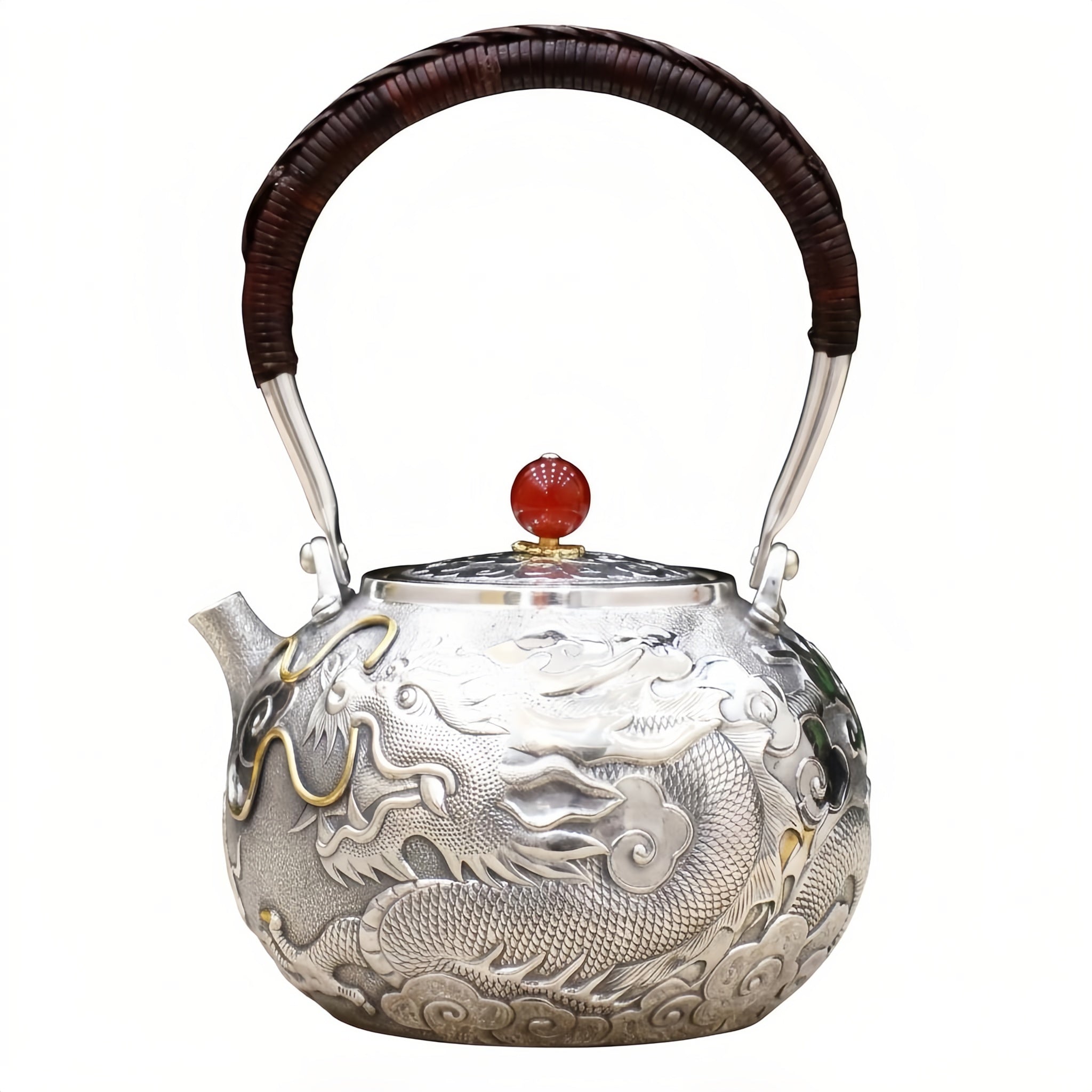 Pure 999 Fine Silver Exquisite Silver Teapot with Handcrafted Dragon Relief and Crimson Stone Finial - Handicraft Vera Lux