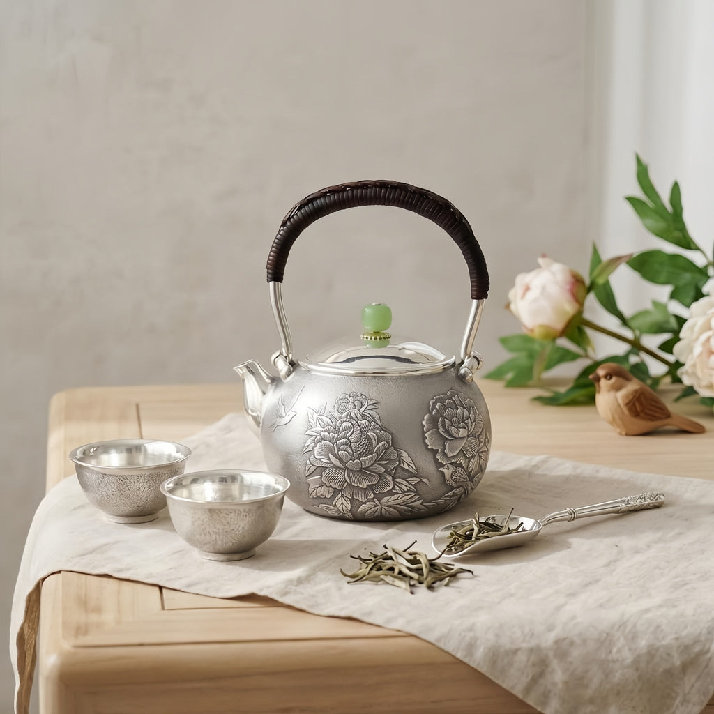 Pure 999 Fine Silver Handcrafted Silver Teapot Featuring Intricate Peony Engravings and Green Jadeite Lid Knob - Handicraft Vera Lux