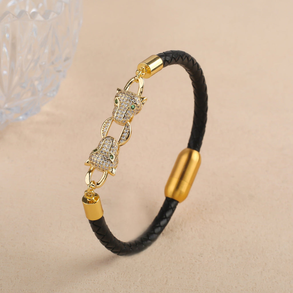 Retro Men's Animal Leopard Head Leather Bracelet Vera Lux