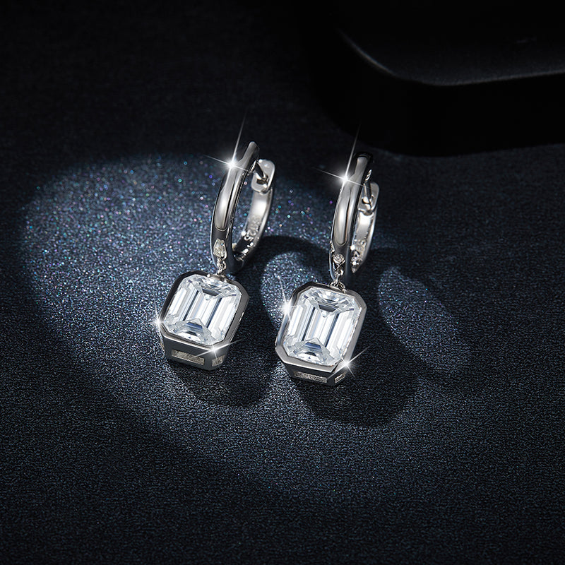 S925 Sterling Silver Emerald Cut Moissanite Dangle Earrings  6x8mm Huggie Hoop Drop Earrings Platinum Plated Jewelry Gift Box Set Vera Lux