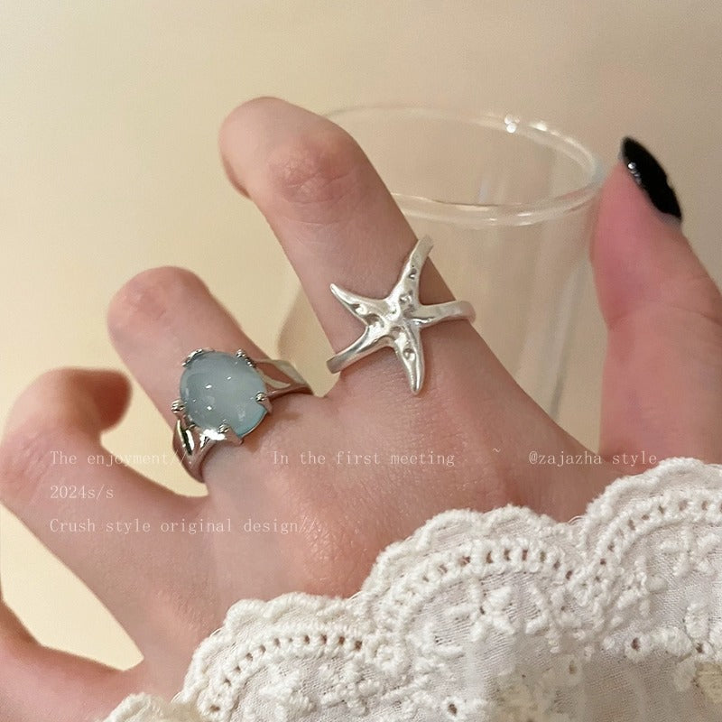 Starfish Bead Adjustable Open Ring For Women, Niche High-End Literary Retro Elegant Index Finger Jewelry Vera Lux