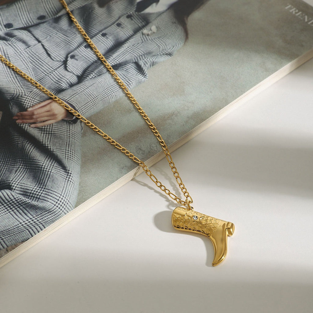18K gold boots inlaid with gemstones and textured design trendy and unique necklace Vera Lux