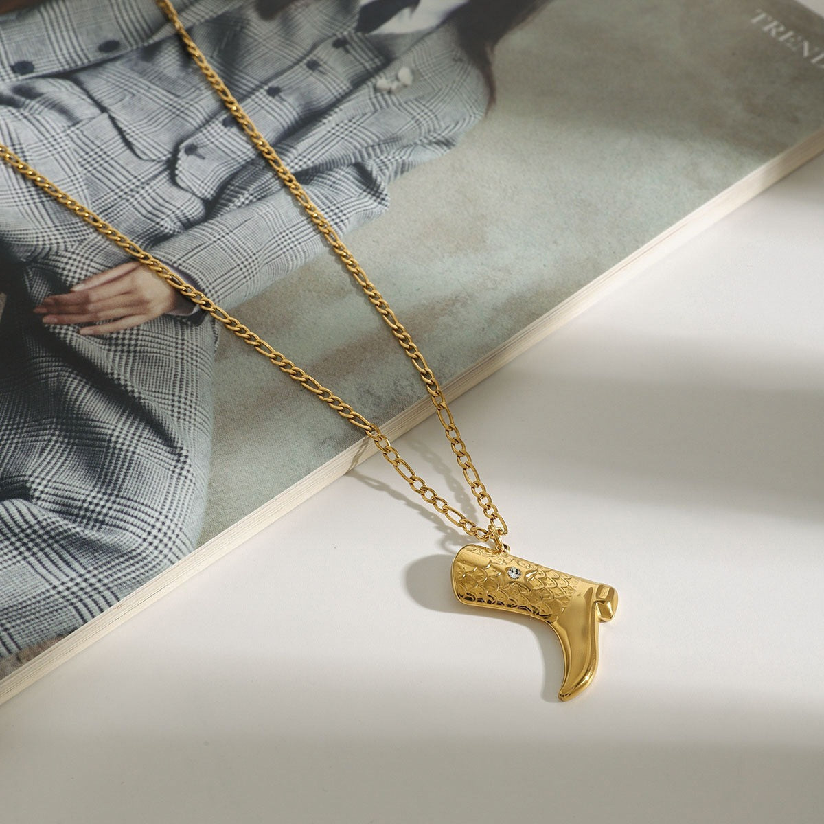 18K gold boots inlaid with gemstones and textured design trendy and unique necklace Vera Lux