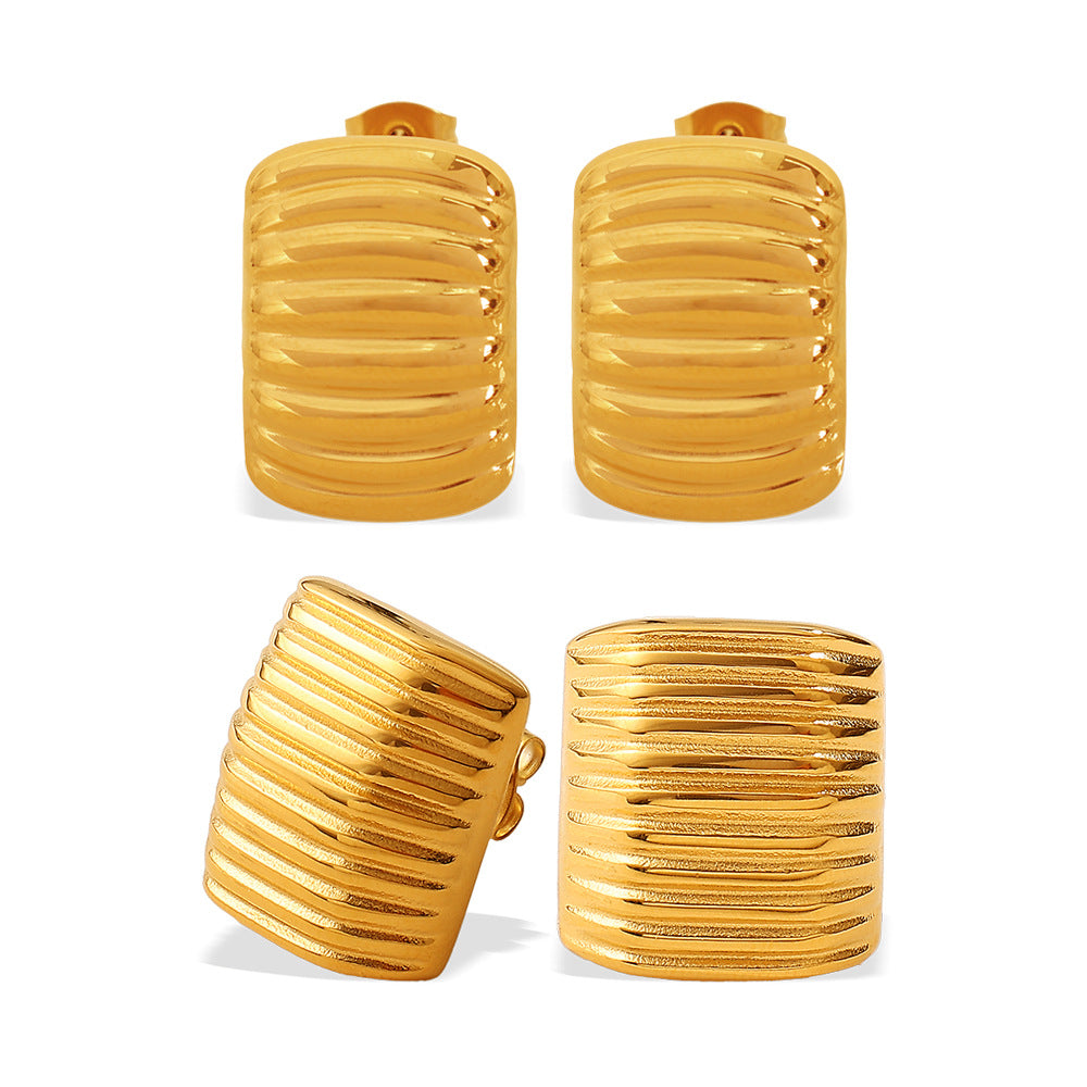 Korean Style Minimalist Striped Square Stud Earrings, 18K Gold Plated Stainless Steel, Elegant Daily Jewelry For Women Vera Lux
