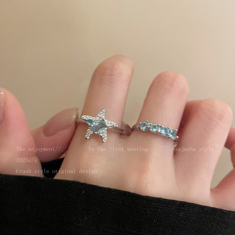 Blue Star Zircon Ring For Women, Luxury Niche High-End Index Finger Ring, Fashion Stackable Adjustable Band Vera Lux