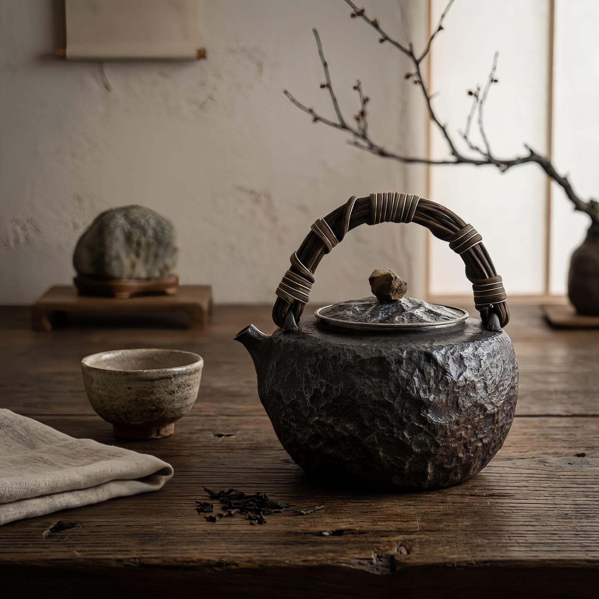 Pure 999 Fine Silver Hammered Metal Teapot with Woven Bamboo Handle and Stone Knob-Fine large teapot - Handicraft Vera Lux
