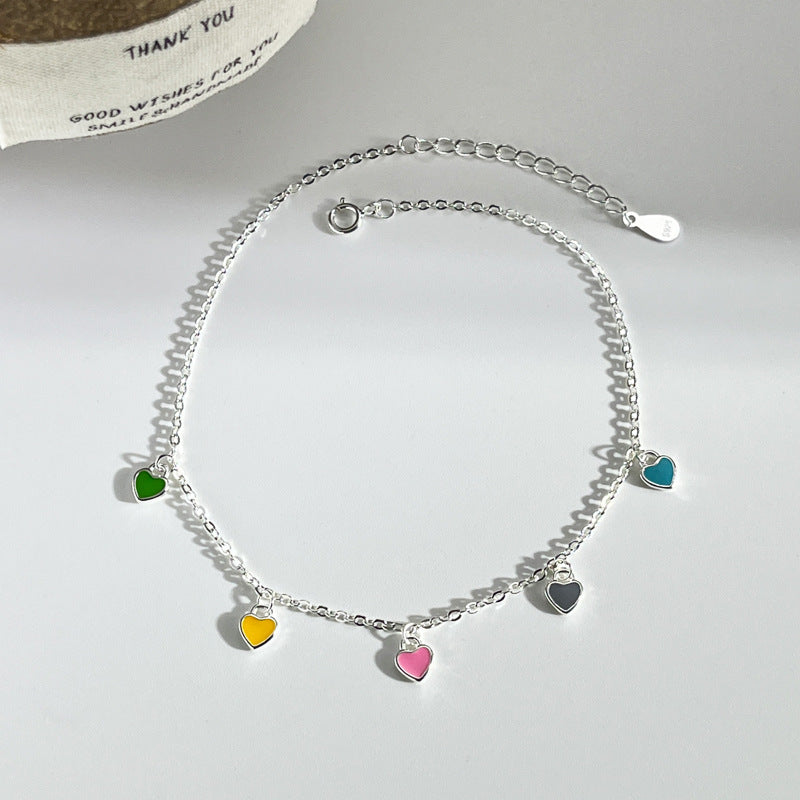 925 Sterling Silver Colorful Heart Oil-Drop Anklet For Women Vera Lux
