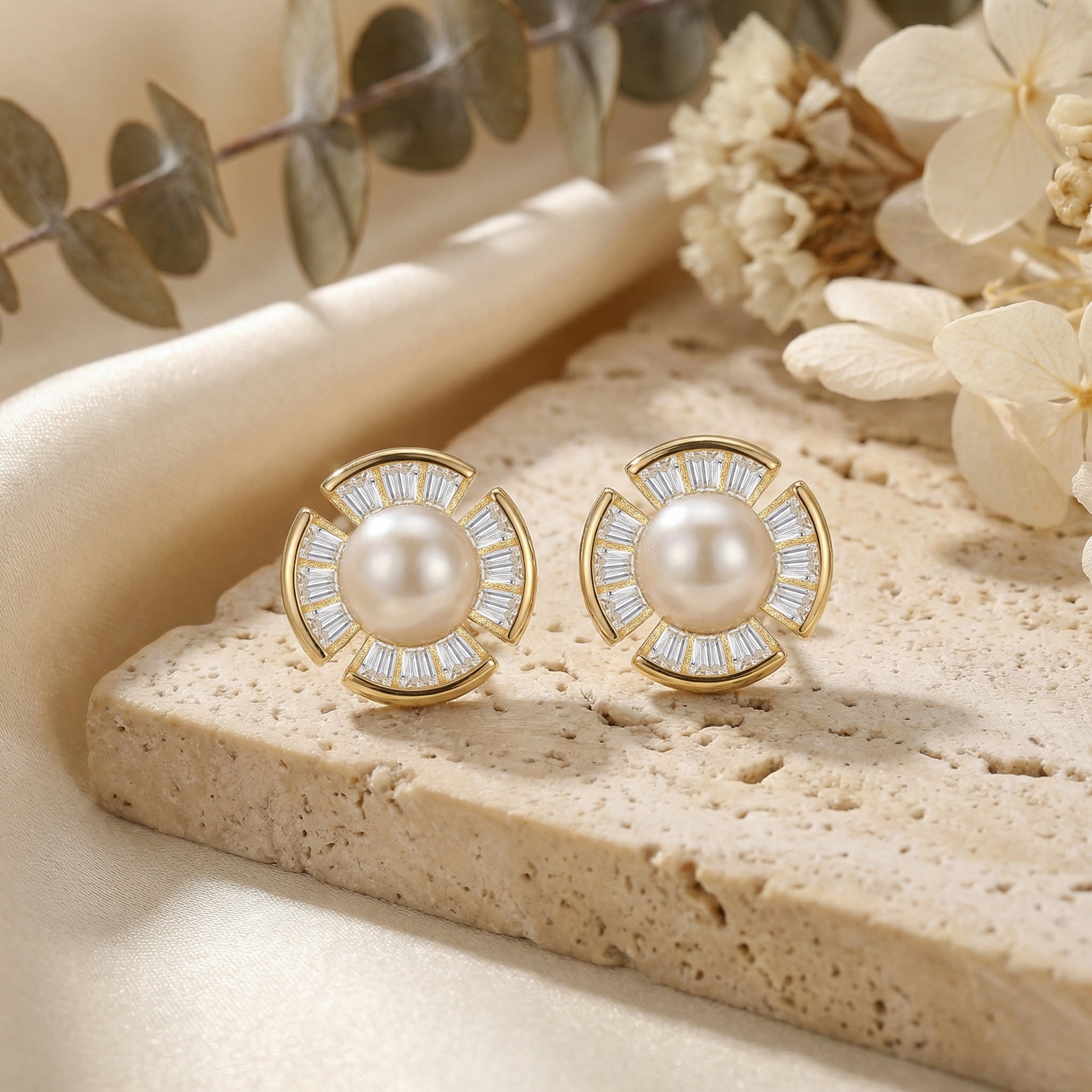 925 Sterling Silver Radiant Pearl and Baguette-Cut Fan-Shaped Stud Earrings Vera Lux