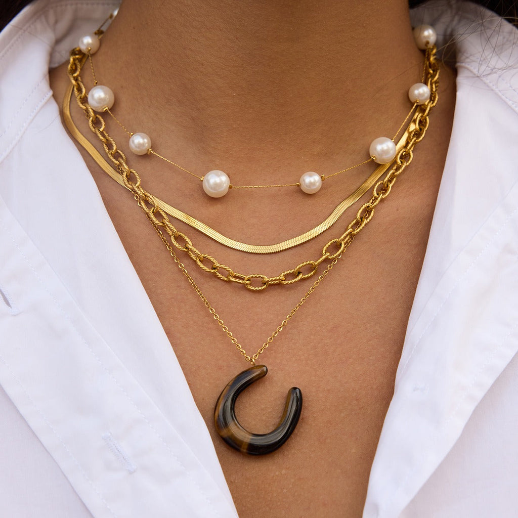 18K Stainless Steel Horseshoe U-shaped Tiger's Eye and Malachite Pendant Necklace Vera Lux